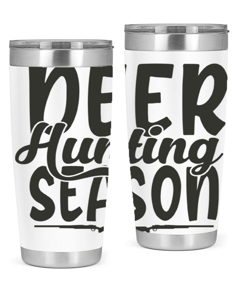 20oz Deer Hunting Season tumbler made of stainless steel with a drink-thru lid, featuring a vibrant hunting-themed design.
