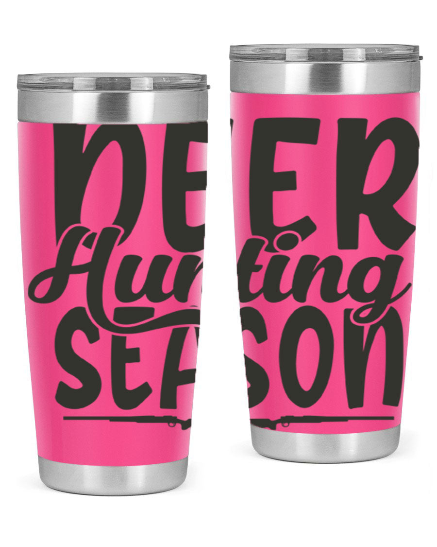 20oz Deer Hunting Season tumbler made of stainless steel with a drink-thru lid, featuring a vibrant hunting-themed design.