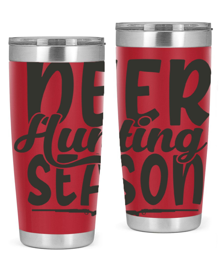 20oz Deer Hunting Season tumbler made of stainless steel with a drink-thru lid, featuring a vibrant hunting-themed design.