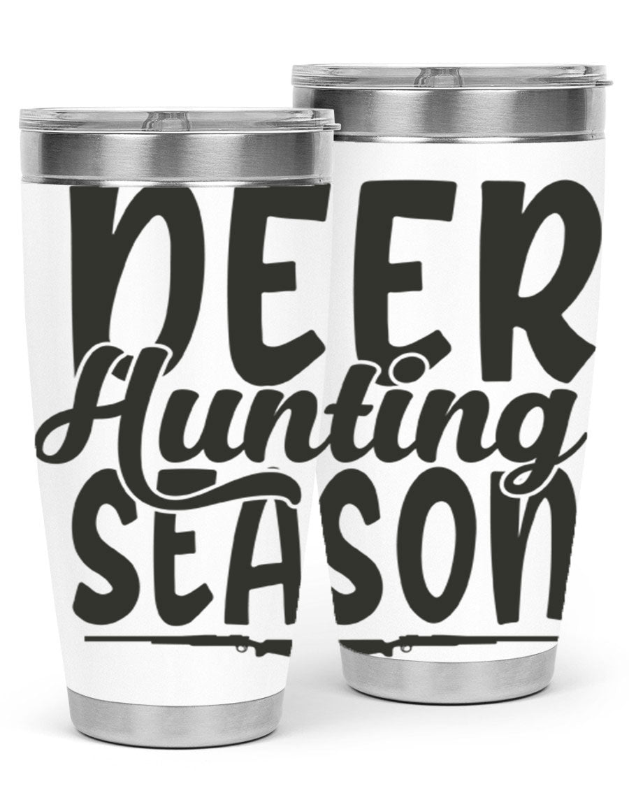 20oz Deer Hunting Season tumbler made of stainless steel with a drink-thru lid, featuring a vibrant hunting-themed design.