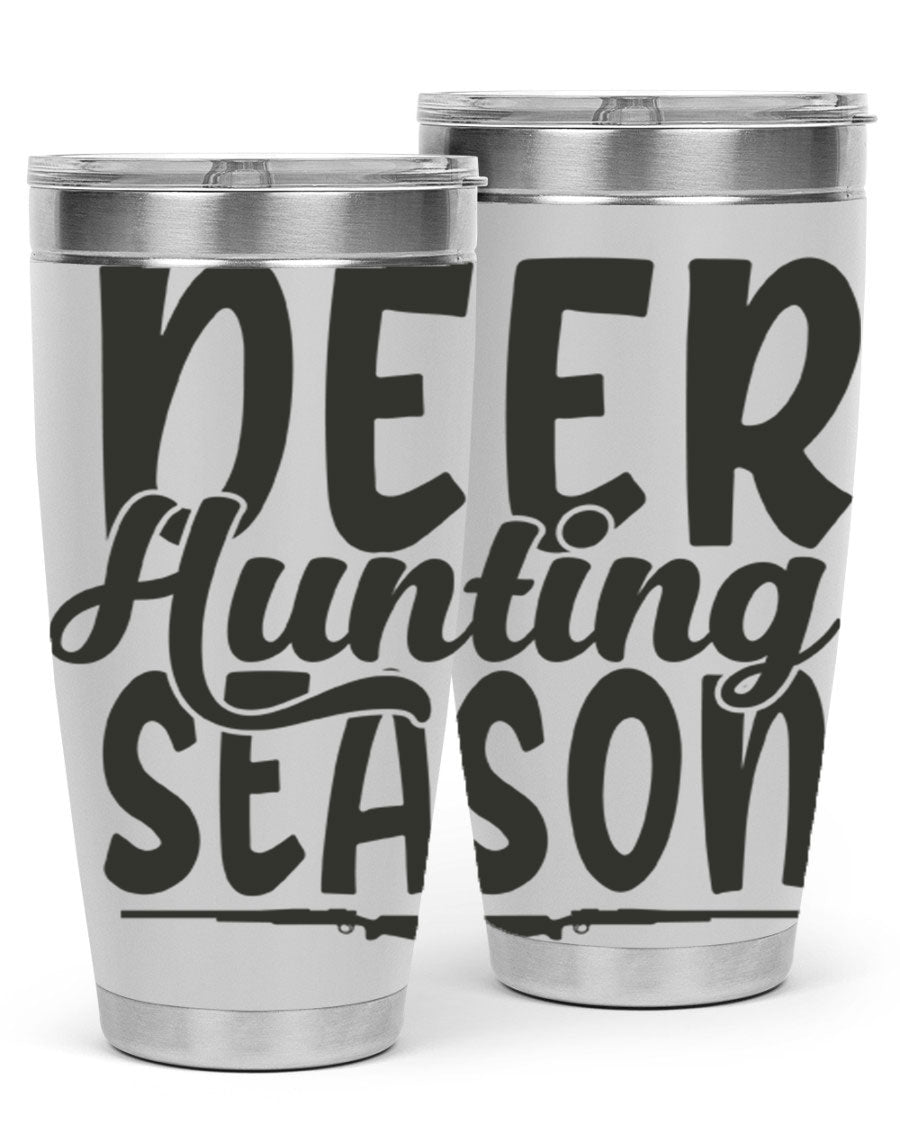 20oz Deer Hunting Season tumbler made of stainless steel with a drink-thru lid, featuring a vibrant hunting-themed design.