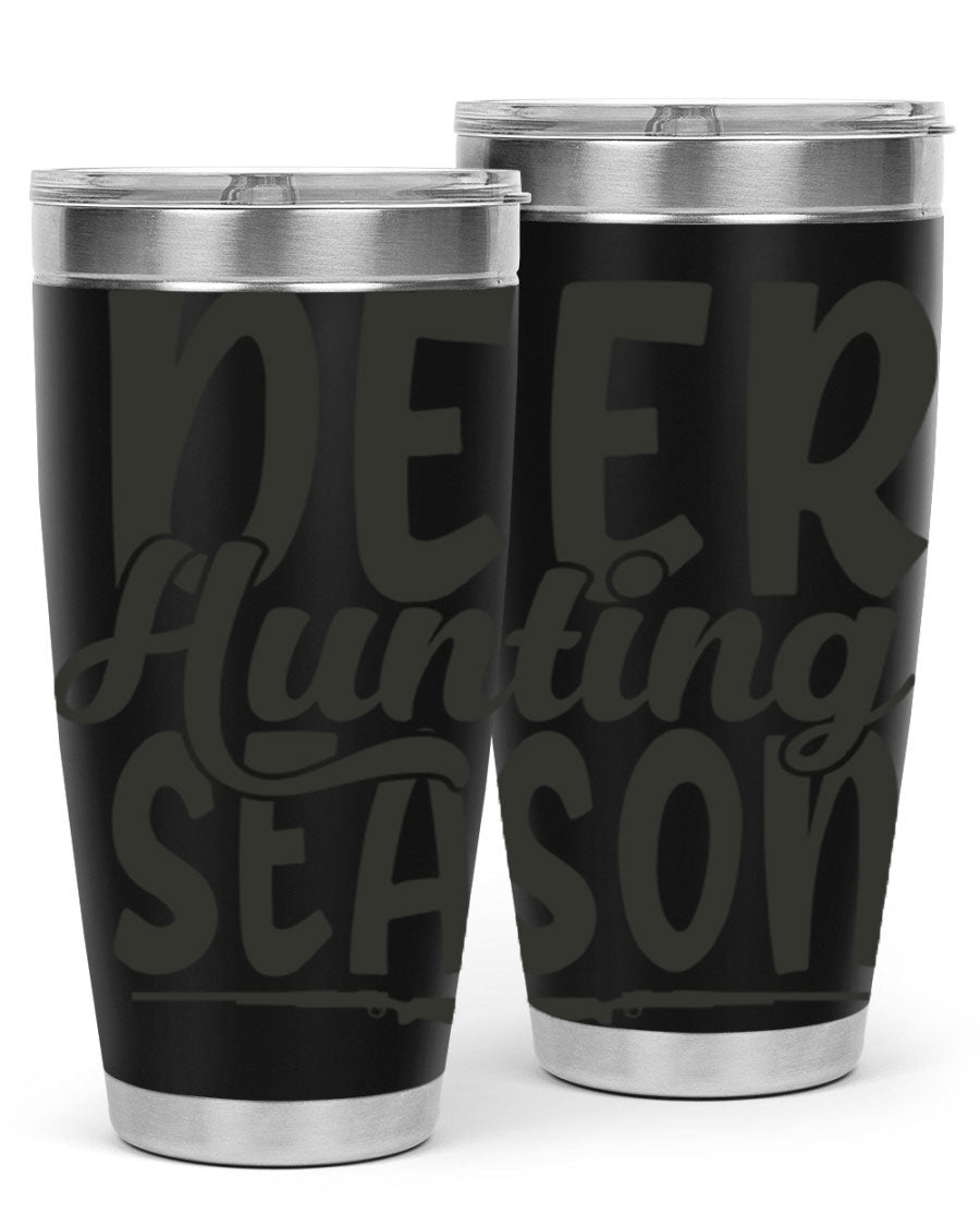 20oz Deer Hunting Season tumbler made of stainless steel with a drink-thru lid, featuring a vibrant hunting-themed design.