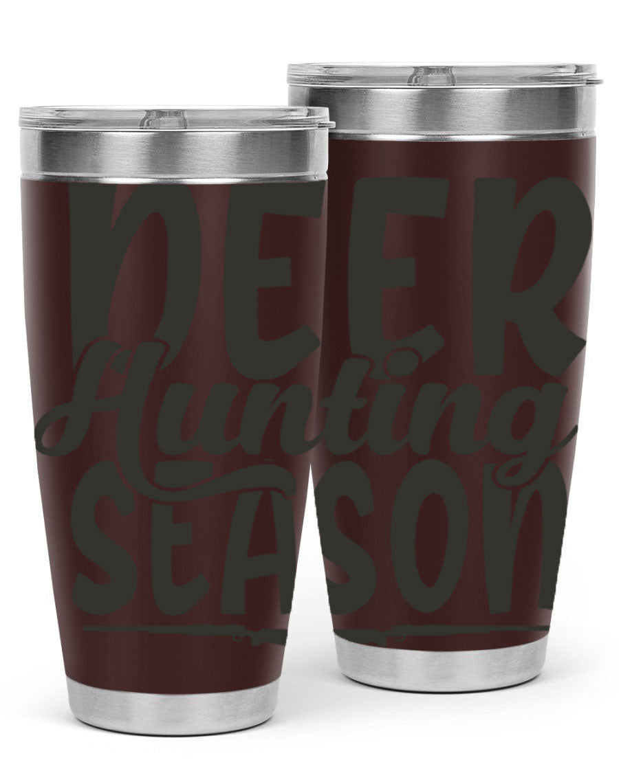 20oz Deer Hunting Season tumbler made of stainless steel with a drink-thru lid, featuring a vibrant hunting-themed design.