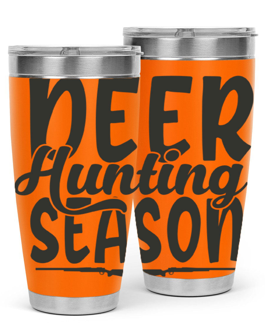 20oz Deer Hunting Season tumbler made of stainless steel with a drink-thru lid, featuring a vibrant hunting-themed design.