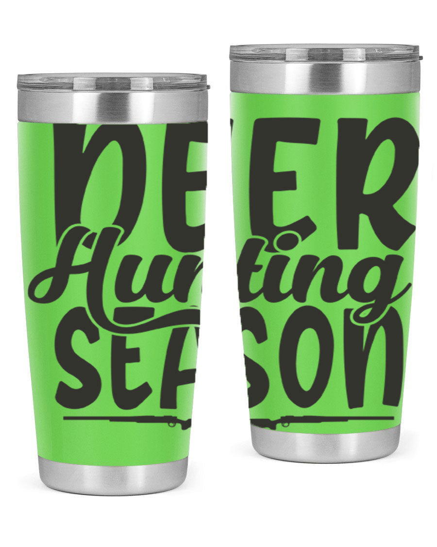 20oz Deer Hunting Season tumbler made of stainless steel with a drink-thru lid, featuring a vibrant hunting-themed design.