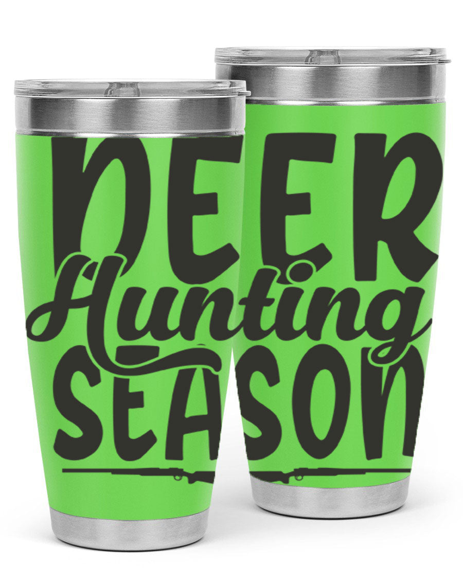 20oz Deer Hunting Season tumbler made of stainless steel with a drink-thru lid, featuring a vibrant hunting-themed design.