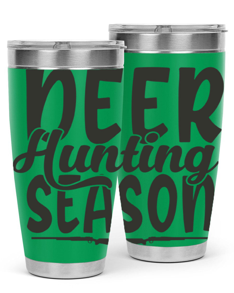 20oz Deer Hunting Season tumbler made of stainless steel with a drink-thru lid, featuring a vibrant hunting-themed design.