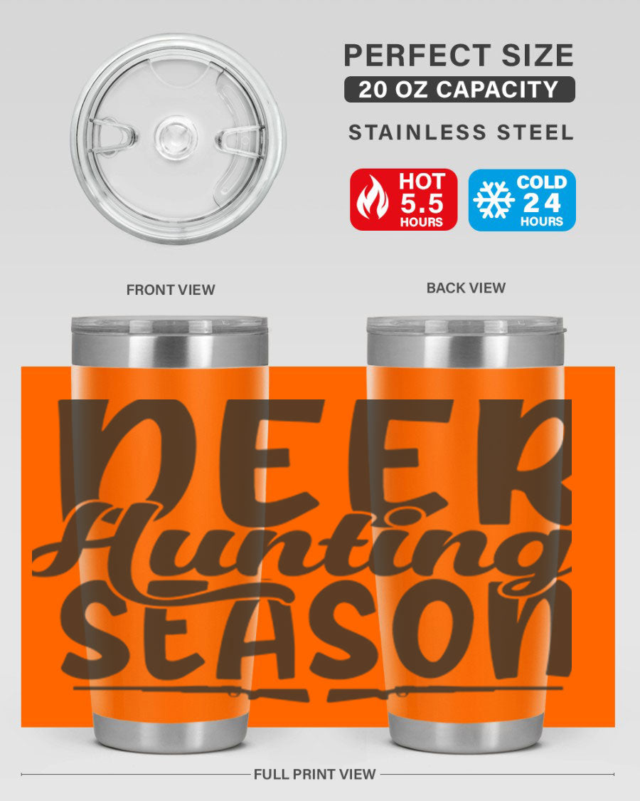 20oz Deer Hunting Season tumbler made of stainless steel with a drink-thru lid, featuring a vibrant hunting-themed design.