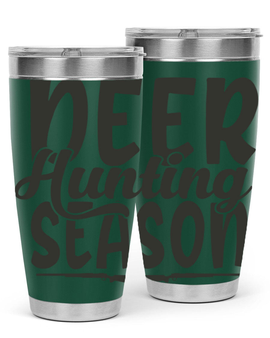 20oz Deer Hunting Season tumbler made of stainless steel with a drink-thru lid, featuring a vibrant hunting-themed design.