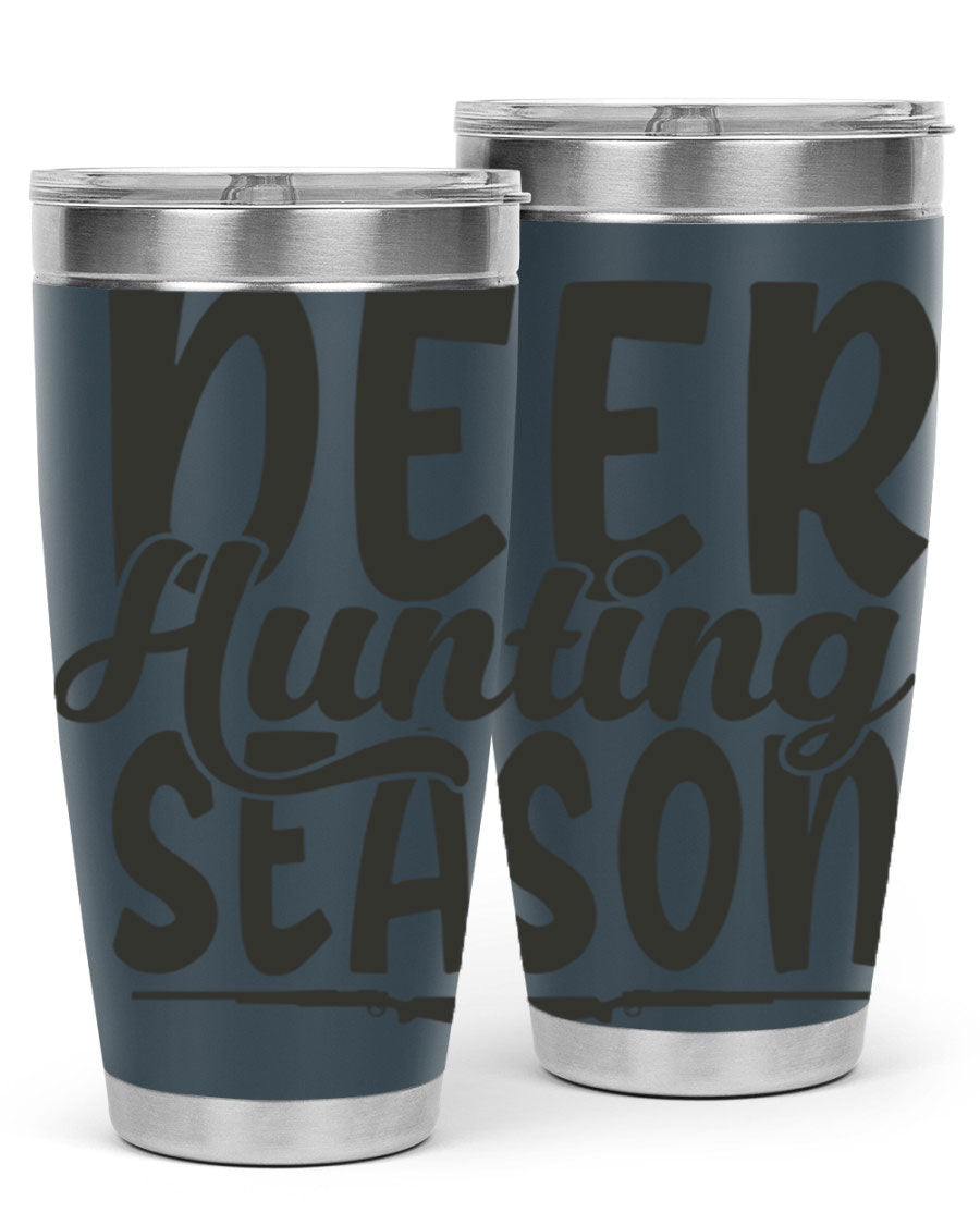 20oz Deer Hunting Season tumbler made of stainless steel with a drink-thru lid, featuring a vibrant hunting-themed design.