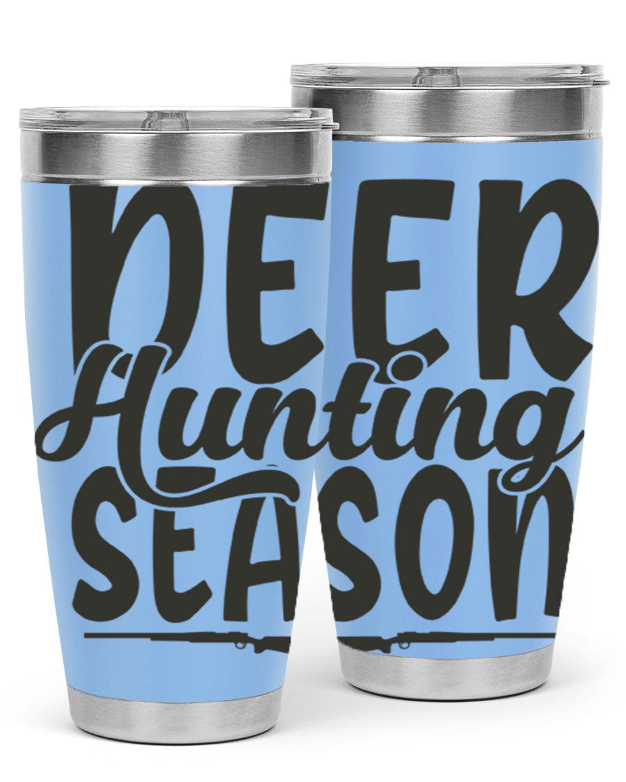 20oz Deer Hunting Season tumbler made of stainless steel with a drink-thru lid, featuring a vibrant hunting-themed design.