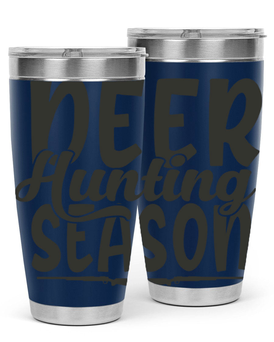 20oz Deer Hunting Season tumbler made of stainless steel with a drink-thru lid, featuring a vibrant hunting-themed design.