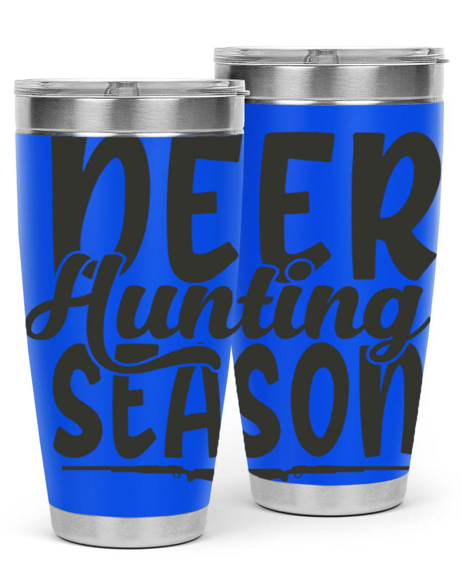 20oz Deer Hunting Season tumbler made of stainless steel with a drink-thru lid, featuring a vibrant hunting-themed design.