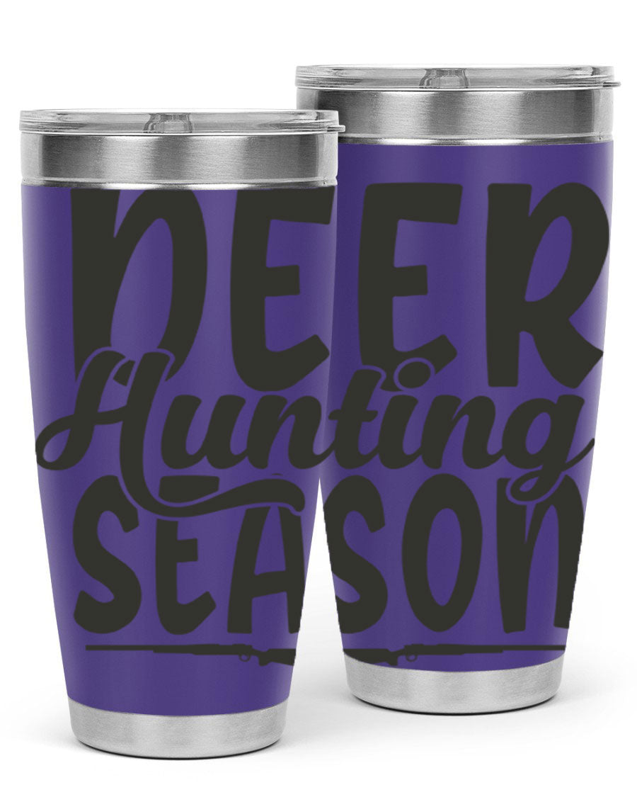 20oz Deer Hunting Season tumbler made of stainless steel with a drink-thru lid, featuring a vibrant hunting-themed design.