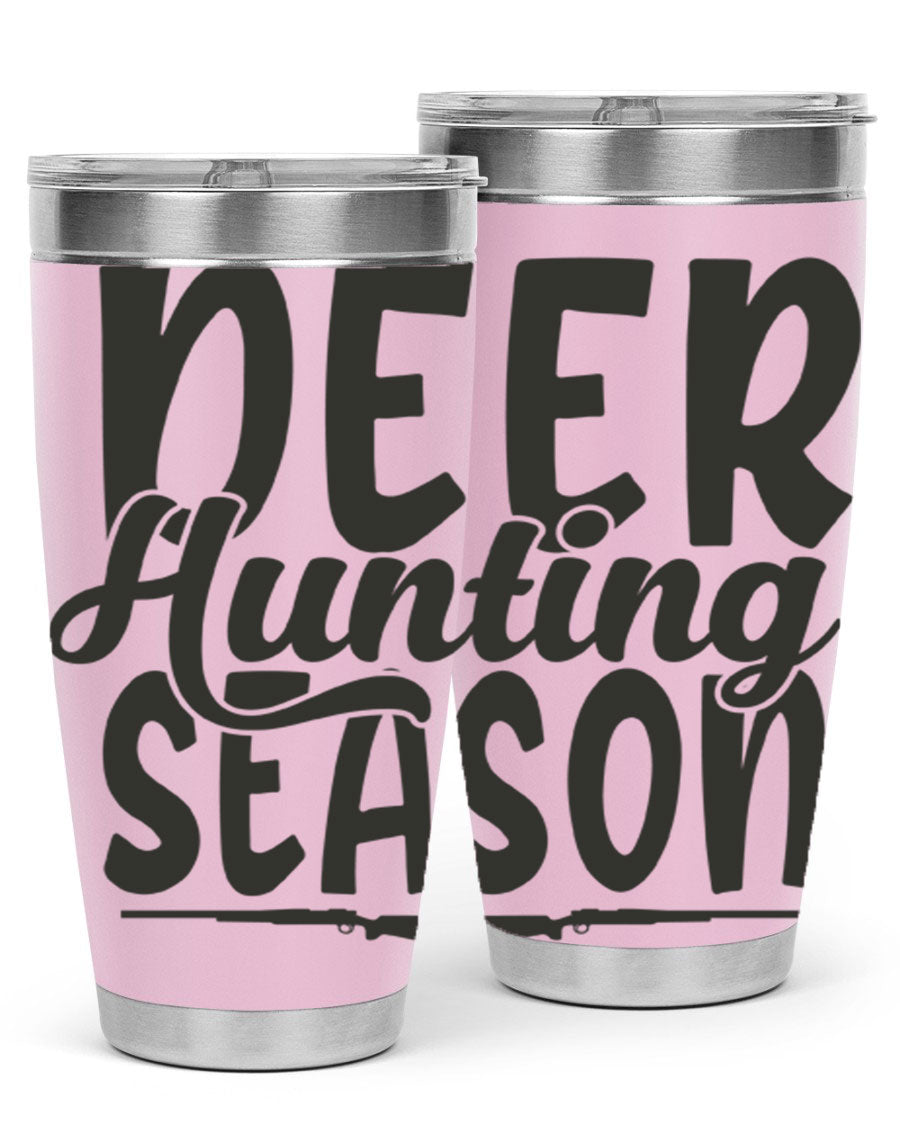 20oz Deer Hunting Season tumbler made of stainless steel with a drink-thru lid, featuring a vibrant hunting-themed design.