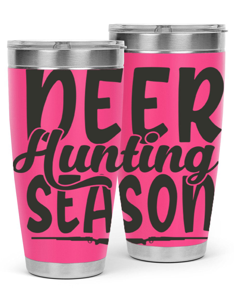 20oz Deer Hunting Season tumbler made of stainless steel with a drink-thru lid, featuring a vibrant hunting-themed design.
