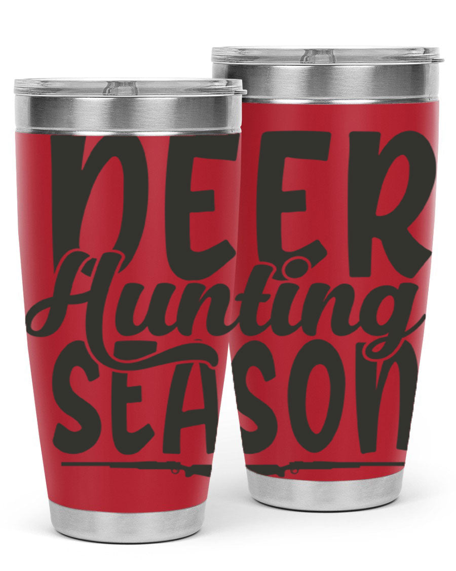 20oz Deer Hunting Season tumbler made of stainless steel with a drink-thru lid, featuring a vibrant hunting-themed design.