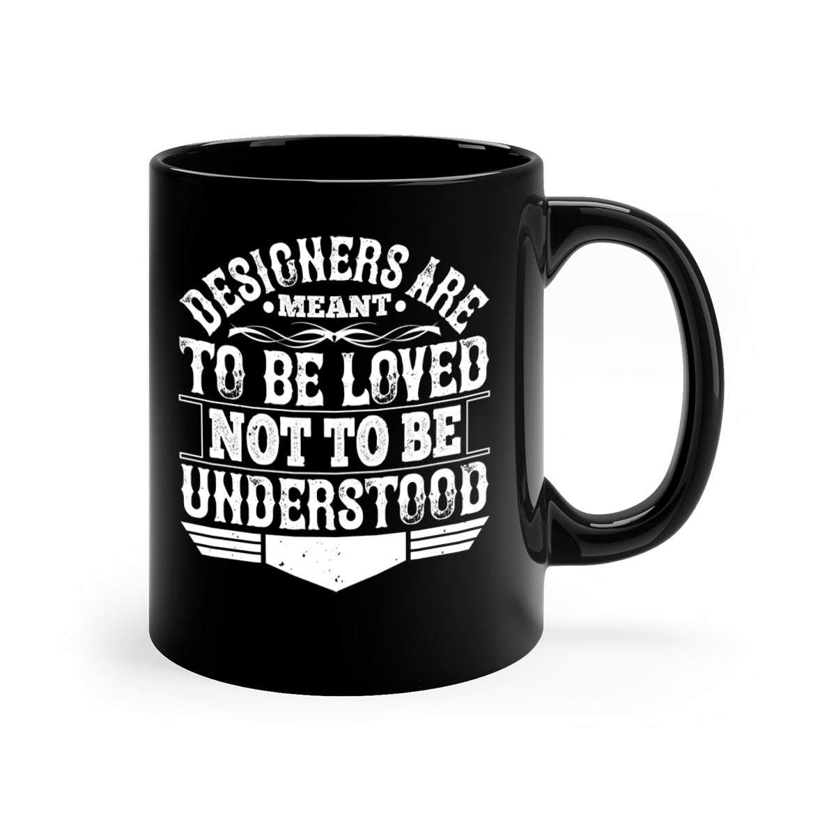 A stylish two-tone ceramic mug with a colored handle and interior, featuring the phrase 'Designers are meant to be loved not to be understood'.