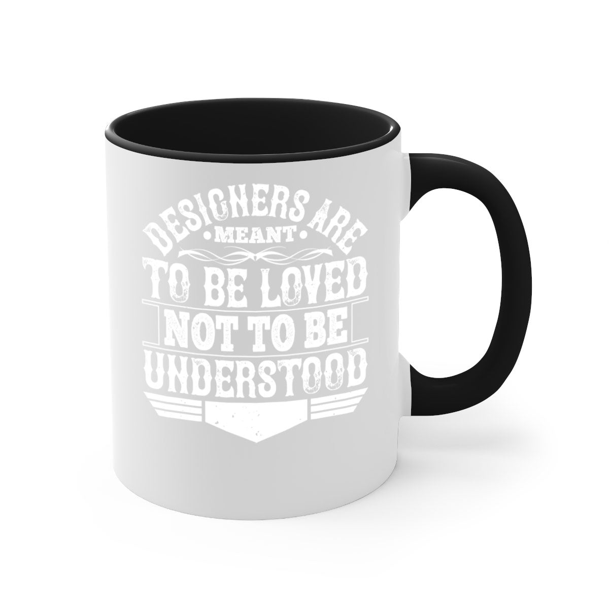 A stylish two-tone ceramic mug with a colored handle and interior, featuring the phrase 'Designers are meant to be loved not to be understood'.