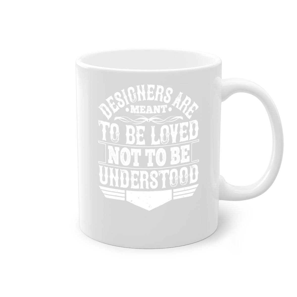 A stylish two-tone ceramic mug with a colored handle and interior, featuring the phrase 'Designers are meant to be loved not to be understood'.