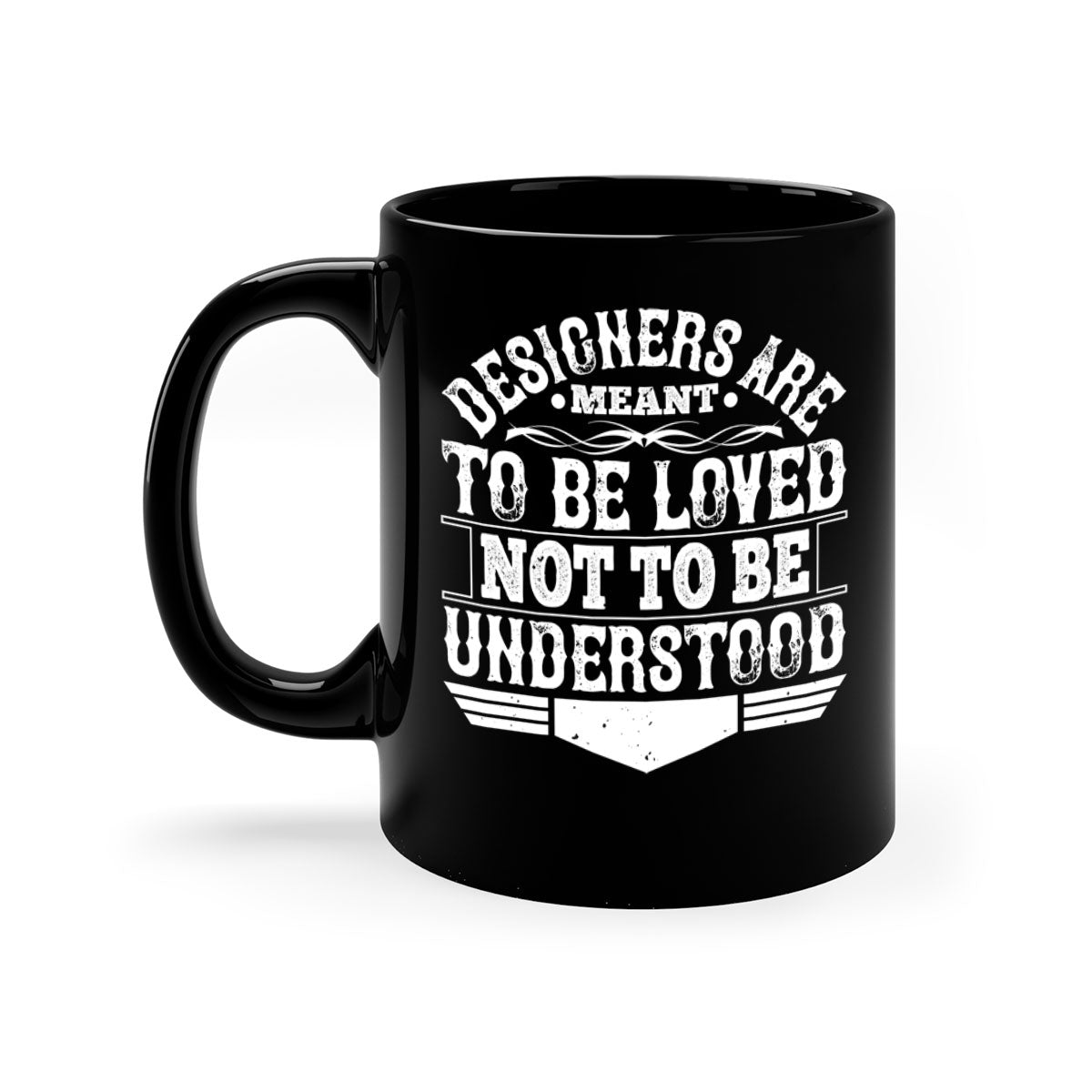 A stylish two-tone ceramic mug with a colored handle and interior, featuring the phrase 'Designers are meant to be loved not to be understood'.