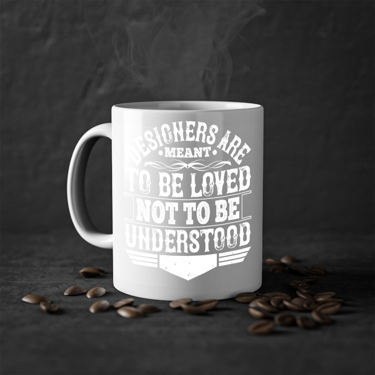 A stylish two-tone ceramic mug with a colored handle and interior, featuring the phrase 'Designers are meant to be loved not to be understood'.