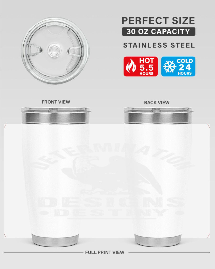 20oz Determination Designs Destiny Style 3# Tumbler featuring a sleek stainless steel design with a press-in lid, perfect for hot and cold beverages.