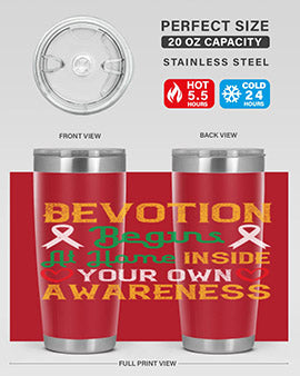 Devotion begins at home tumbler in stainless steel, showcasing double wall vacuum insulation and a stylish design.