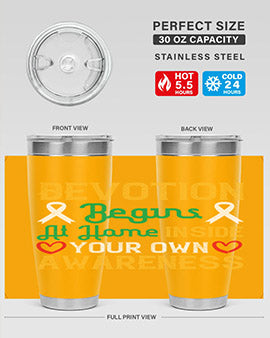 Devotion begins at home tumbler in stainless steel, showcasing double wall vacuum insulation and a stylish design.