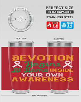 Devotion begins at home tumbler in stainless steel, showcasing double wall vacuum insulation and a stylish design.