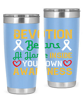 Devotion begins at home tumbler in stainless steel, showcasing double wall vacuum insulation and a stylish design.