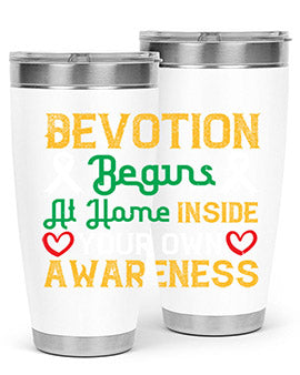 Devotion begins at home tumbler in stainless steel, showcasing double wall vacuum insulation and a stylish design.