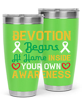 Devotion begins at home tumbler in stainless steel, showcasing double wall vacuum insulation and a stylish design.