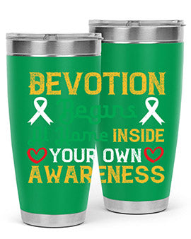 Devotion begins at home tumbler in stainless steel, showcasing double wall vacuum insulation and a stylish design.