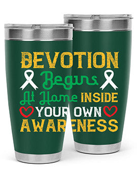 Devotion begins at home tumbler in stainless steel, showcasing double wall vacuum insulation and a stylish design.