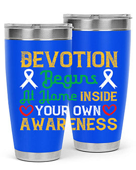 Devotion begins at home tumbler in stainless steel, showcasing double wall vacuum insulation and a stylish design.