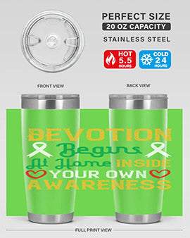 Devotion begins at home tumbler in stainless steel, showcasing double wall vacuum insulation and a stylish design.