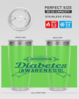Diabetes Awareness Style 3# 20oz Tumbler featuring double wall vacuum stainless steel design with a drink-thru lid, ideal for hot and cold beverages.