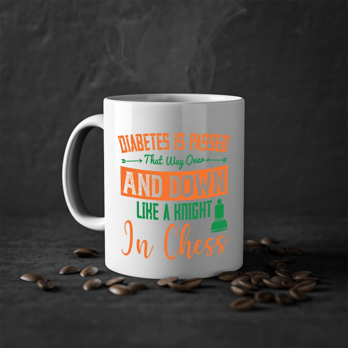 A stylish two-tone ceramic mug featuring the phrase 'Diabetes is passed that way over and down like a knight in chess Style' with a glossy finish.