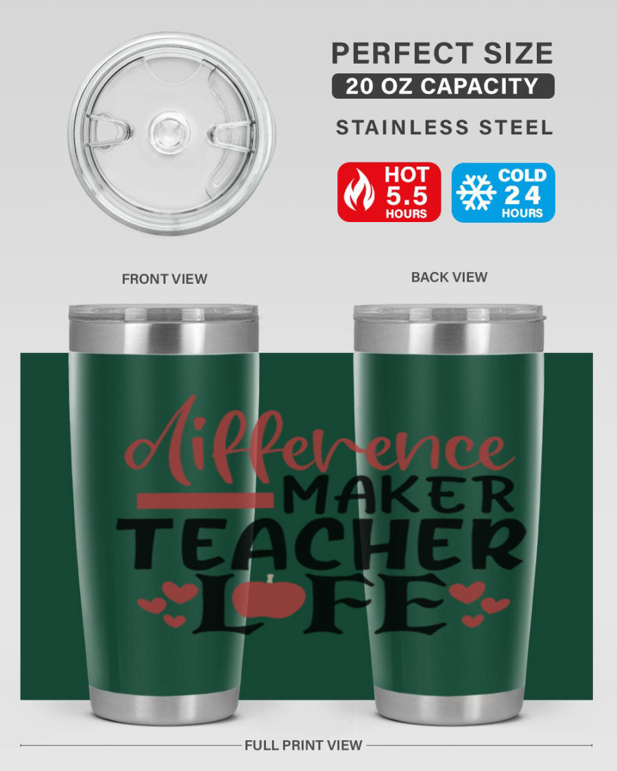 Difference Maker Teacher Lifestyle Tumbler in stainless steel with a drink-thru lid, perfect for teachers.