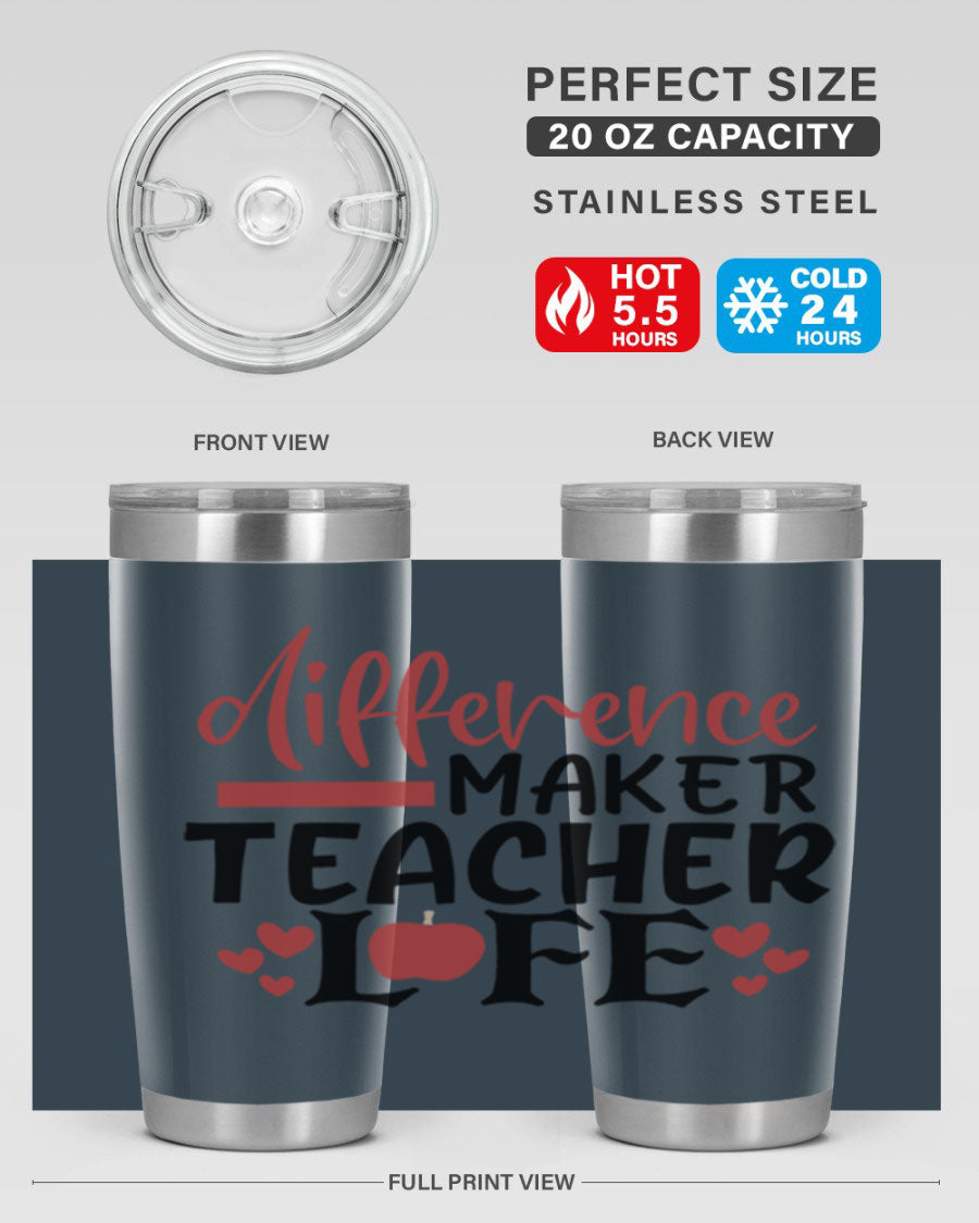 Difference Maker Teacher Lifestyle Tumbler in stainless steel with a drink-thru lid, perfect for teachers.