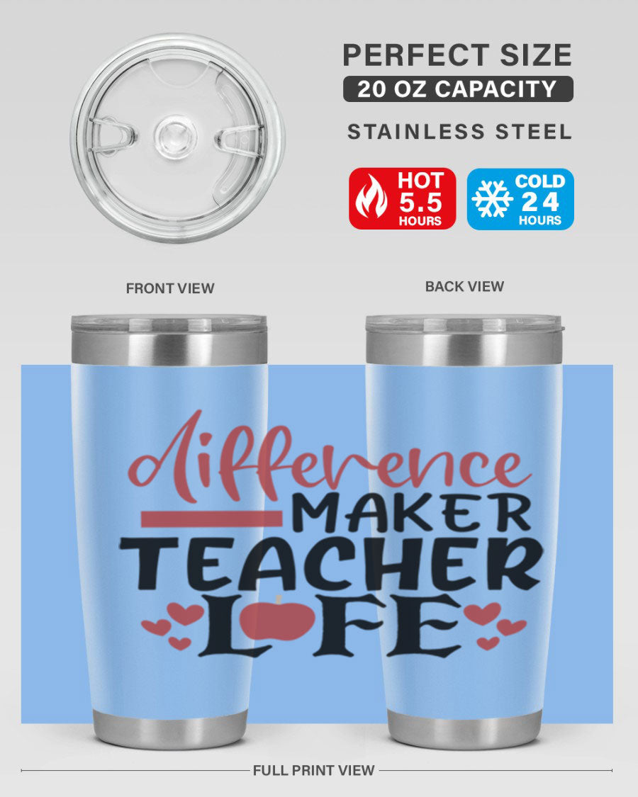 Difference Maker Teacher Lifestyle Tumbler in stainless steel with a drink-thru lid, perfect for teachers.
