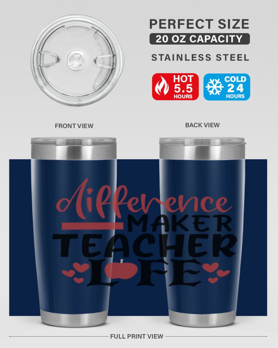Difference Maker Teacher Lifestyle Tumbler in stainless steel with a drink-thru lid, perfect for teachers.