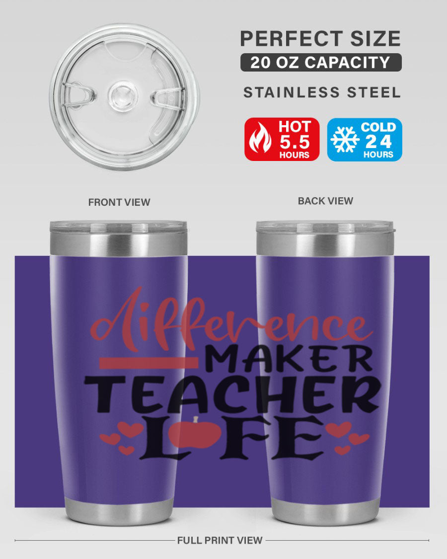 Difference Maker Teacher Lifestyle Tumbler in stainless steel with a drink-thru lid, perfect for teachers.