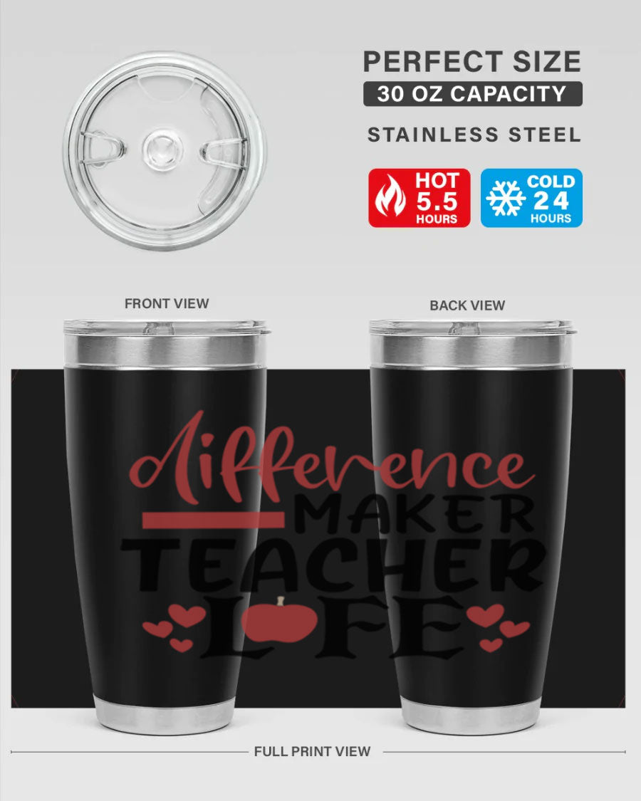Difference Maker Teacher Lifestyle Tumbler in stainless steel with a drink-thru lid, perfect for teachers.