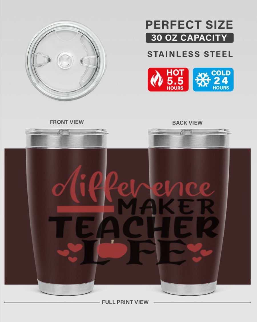 Difference Maker Teacher Lifestyle Tumbler in stainless steel with a drink-thru lid, perfect for teachers.