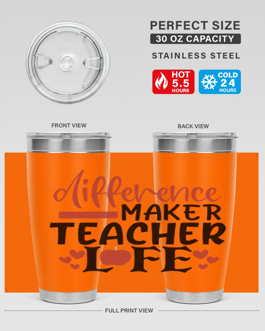 Difference Maker Teacher Lifestyle Tumbler in stainless steel with a drink-thru lid, perfect for teachers.