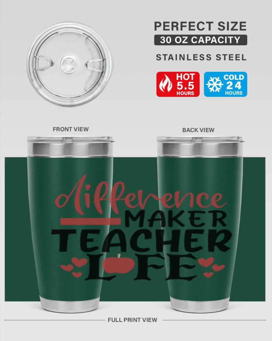 Difference Maker Teacher Lifestyle Tumbler in stainless steel with a drink-thru lid, perfect for teachers.