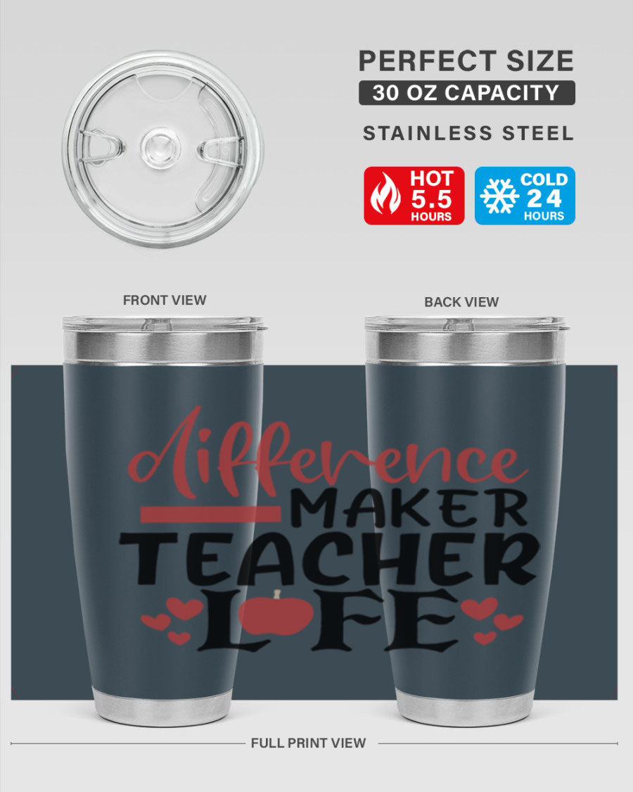 Difference Maker Teacher Lifestyle Tumbler in stainless steel with a drink-thru lid, perfect for teachers.