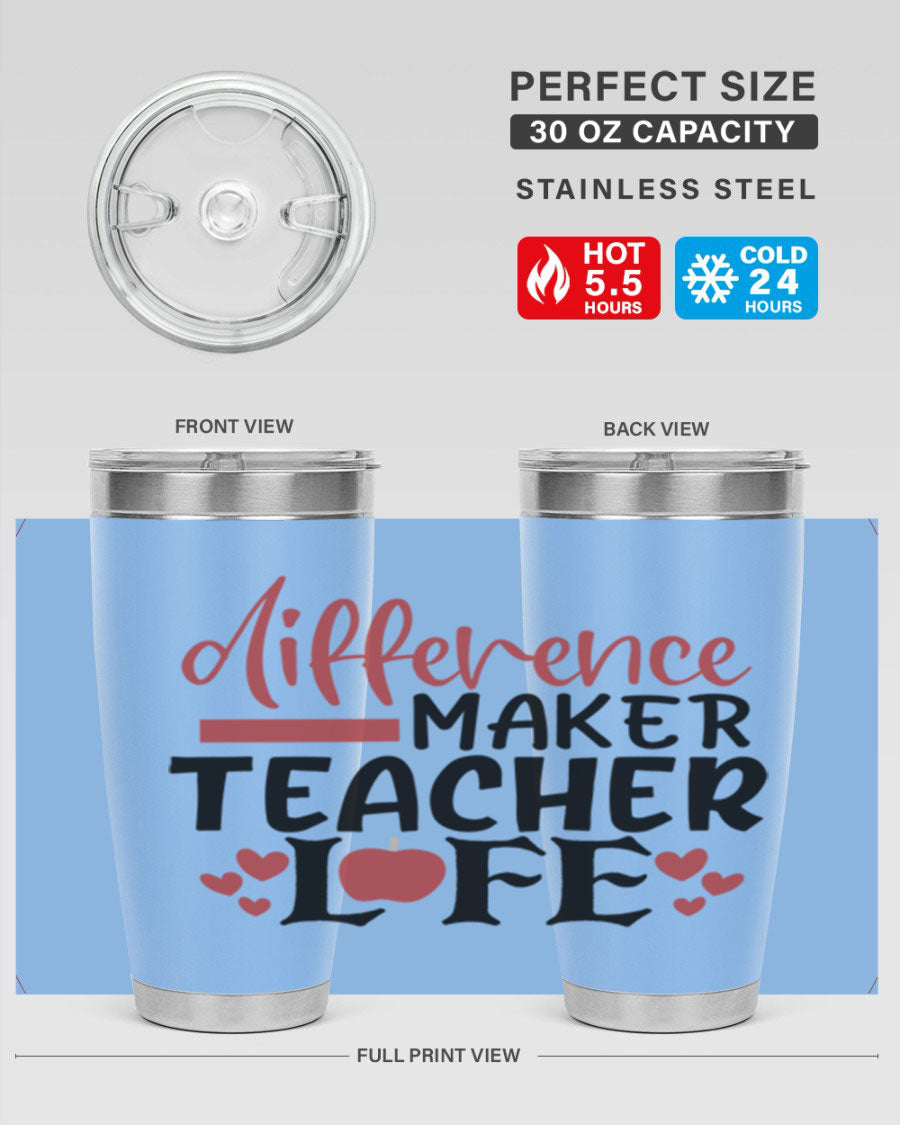 Difference Maker Teacher Lifestyle Tumbler in stainless steel with a drink-thru lid, perfect for teachers.